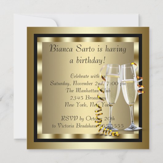 黒エレガントと金ゴールドの女性の誕生日パーティー 招待状 (裏面)