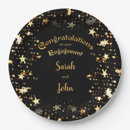 黒エレガントと金ゴールドの婚約パーティ ペーパープレート (正面)