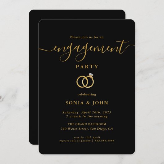 黒エレガントと金ゴールドの婚約パーティ 招待状 (正面/裏面)