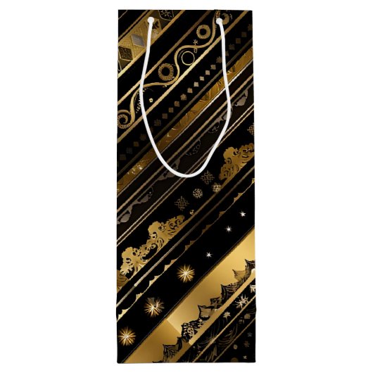 黒エレガントと金ゴールドの対角ストライプ線 ワインギフトバッグ (裏面)