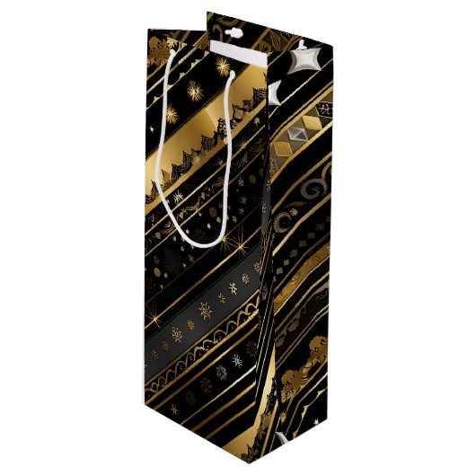 黒エレガントと金ゴールドの対角ストライプ線 ワインギフトバッグ (正面アングル)