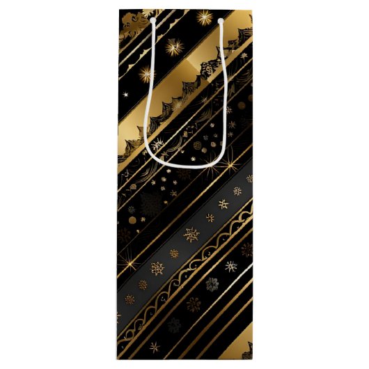 黒エレガントと金ゴールドの対角ストライプ線 ワインギフトバッグ (正面)