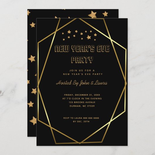 黒エレガントと金ゴールドの新年のパーティー 案内状 (正面/裏面)