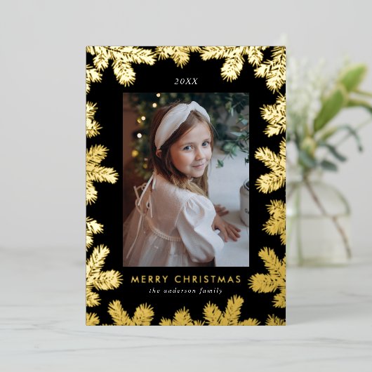 黒エレガントと金ゴールドの松のフレーム写真 箔シーズンカード (立ち正面)