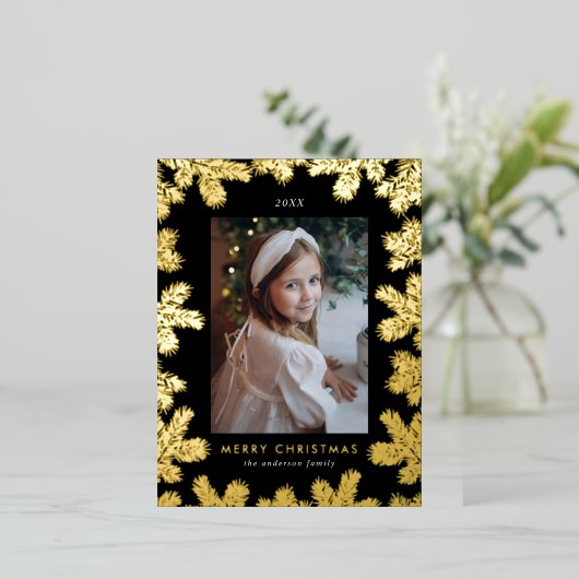 黒エレガントと金ゴールドの松のフレーム写真 箔シーズンポストカード (立ち正面)