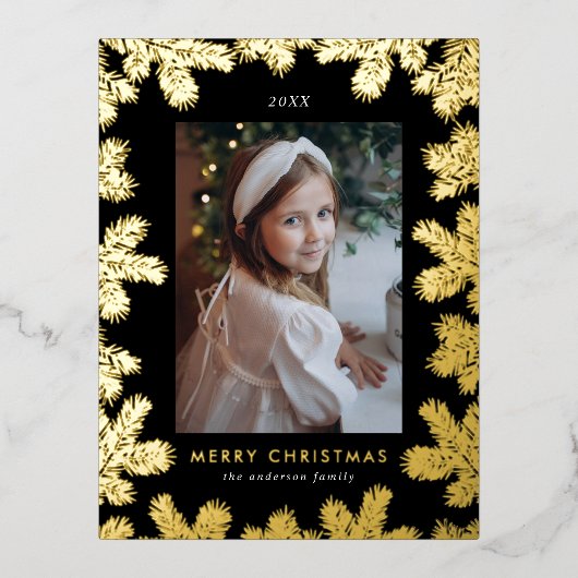 黒エレガントと金ゴールドの松のフレーム写真 箔シーズンポストカード (正面)