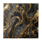 黒エレガントと金ゴールドの渦巻き大理石アクセント タイル (正面)