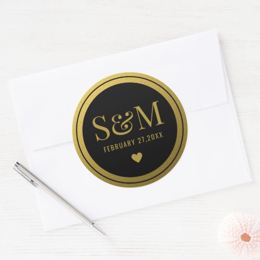黒エレガントと金ゴールドの結婚モノグラムイニシャル ラウンドシール (封筒)