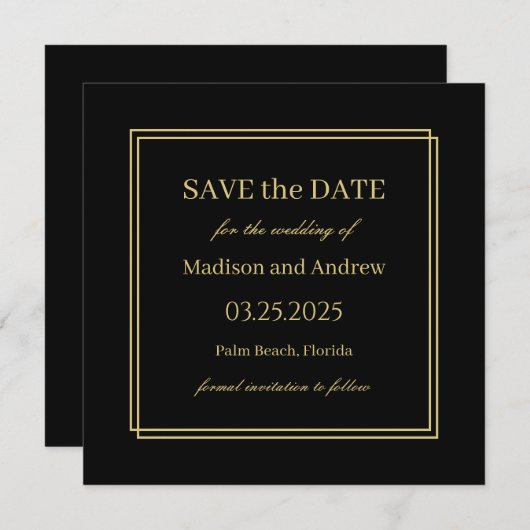 黒エレガントと金ゴールドの結婚式の日付を保存Invite 招待状 (正面/裏面)