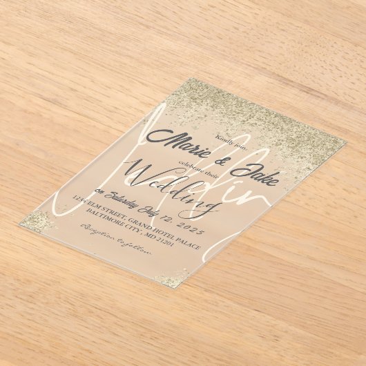 黒エレガントと金ゴールドの結婚式招待状 アクリル招待状 (レイダウン)