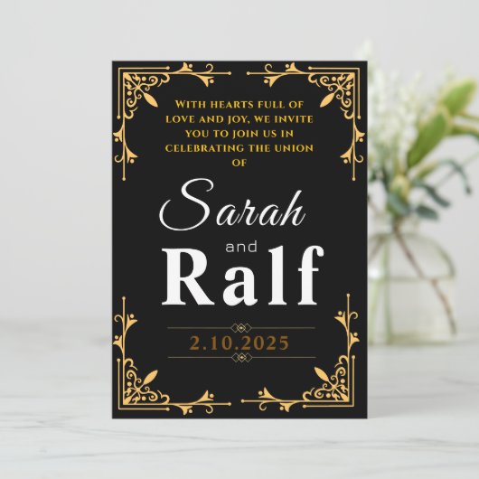 黒エレガントと金ゴールドの結婚式招待状 シーズンカード (スタンド正面)