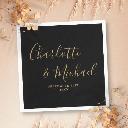 黒エレガントと金ゴールドの署結婚名 スタンダードカクテルナプキン