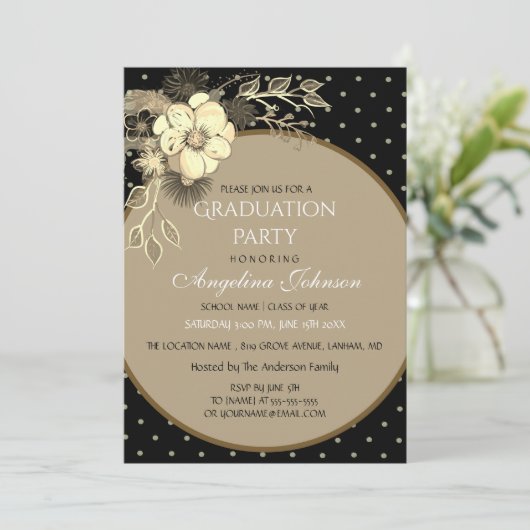 黒エレガントと金ゴールドの花花卒業パーティー 招待状 (スタンド正面)