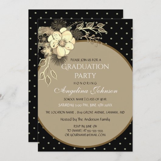 黒エレガントと金ゴールドの花花卒業パーティー 招待状 (正面/裏面)