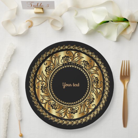 黒エレガントと金ゴールドの華美テンプレート ペーパープレート (ウェディング)