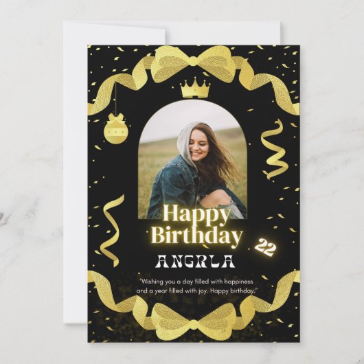 黒エレガントと金ゴールドの誕生日の写真シンプル 招待状 (正面)