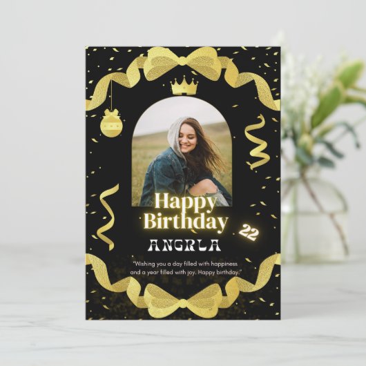 黒エレガントと金ゴールドの誕生日の写真シンプル 招待状 (スタンド正面)