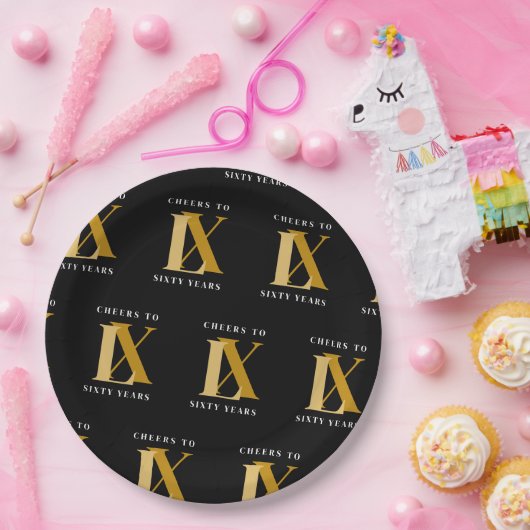 黒エレガントと金ゴールドの誕生日パターン ペーパープレート (パーティー)