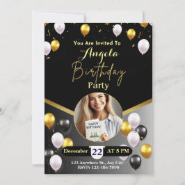 黒エレガントと金ゴールドの誕生日パーティーへの招待 招待状