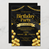 黒エレガントと金ゴールドの誕生日招待状 | プリント 招待状 (正面/裏面)