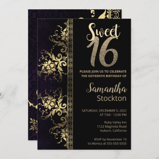 黒エレガントと金ゴールドの誕生日招待状 招待状 (正面/裏面)