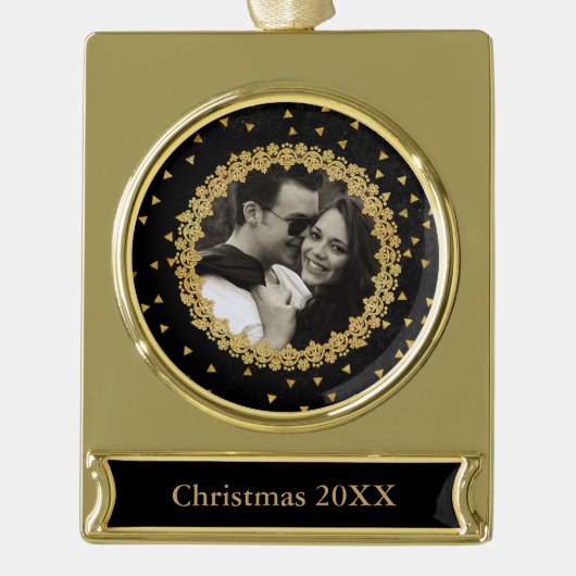 黒エレガントと金ゴールドの輝きカスタムの写真 ゴールドプレートバナーオーナメント (正面)