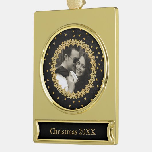 黒エレガントと金ゴールドの輝きカスタムの写真 ゴールドプレートバナーオーナメント (左)