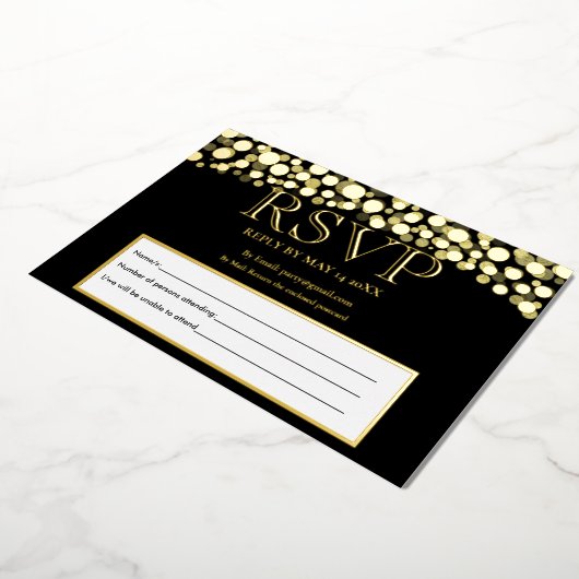 黒エレガントと金ゴールドのRSVPの受け結婚入れ 箔招待状 (回転した状態)