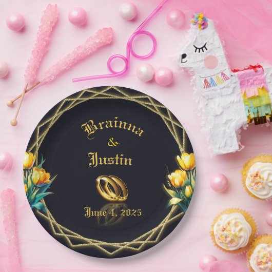 黒エレガントと金ゴールドイエローチューリップ紙プレート ペーパープレート (パーティー)