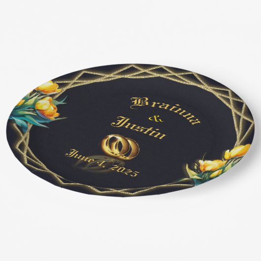 黒エレガントと金ゴールドイエローチューリップ紙プレート ペーパープレート (アングル)