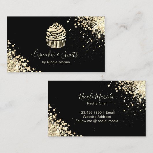 黒エレガントと金ゴールドカップケーキベーカリーパティシエ 名刺 (正面/裏面)
