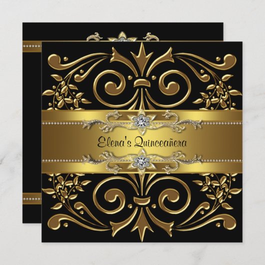黒エレガントと金ゴールドキンセアニェラ招待状 招待状 (正面/裏面)