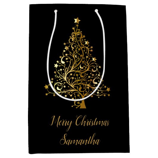 黒エレガントと金ゴールドクリスマスツリー抱き枕 ミディアムペーパーバッグ (正面)