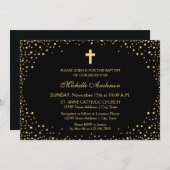 黒エレガントと金ゴールドクロス《キリスト教》洗礼式や命名式バプテスマ 招待状 (正面/裏面)