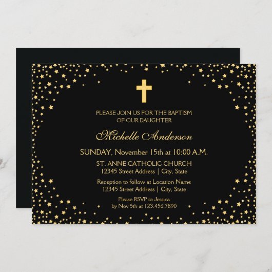 黒エレガントと金ゴールドクロス《キリスト教》洗礼式や命名式バプテスマ 招待状 (正面/裏面)