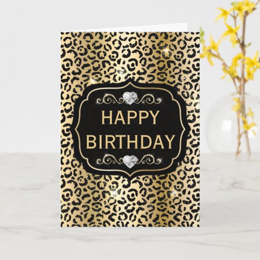 黒エレガントと金ゴールドグリッターヒョウ斑点 カード (黄色い花)
