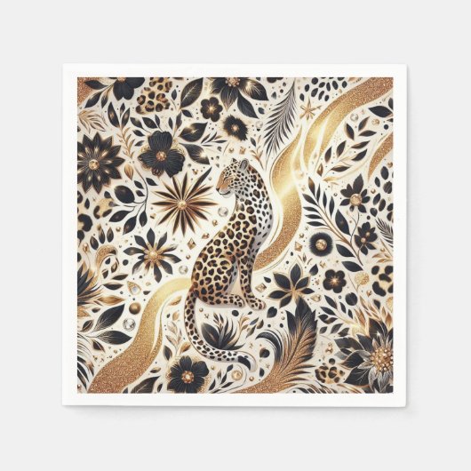 黒エレガントと金ゴールドグリッターレオパード スタンダードカクテルナプキン (正面)