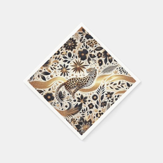黒エレガントと金ゴールドグリッターレオパード スタンダードカクテルナプキン (角)