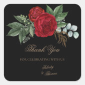 黒エレガントと金ゴールドスクリプト赤フローラありがとう スクエアシール (正面)