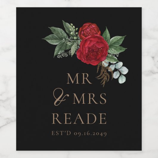 黒エレガントと金ゴールドスクリプト赤フローラ ワインラベル (シングルラベル)