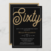 黒エレガントと金ゴールドスクリプト60誕生日 招待状 (正面/裏面)