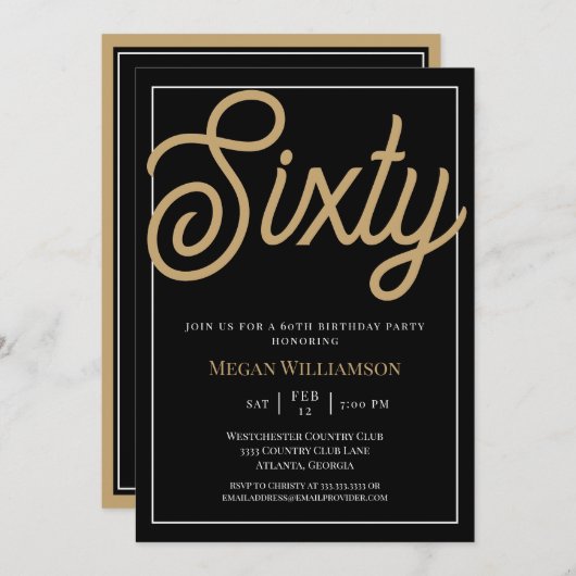 黒エレガントと金ゴールドスクリプト60誕生日 招待状 (正面/裏面)
