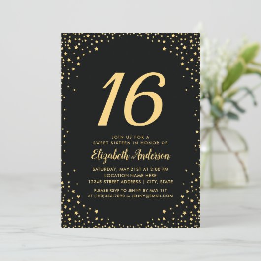 黒エレガントと金ゴールドスターズスウィート16誕生日 招待状 (スタンド正面)