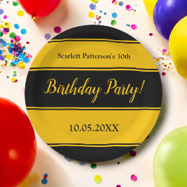 黒エレガントと金ゴールドストライプのモダン誕生日 ペーパープレート