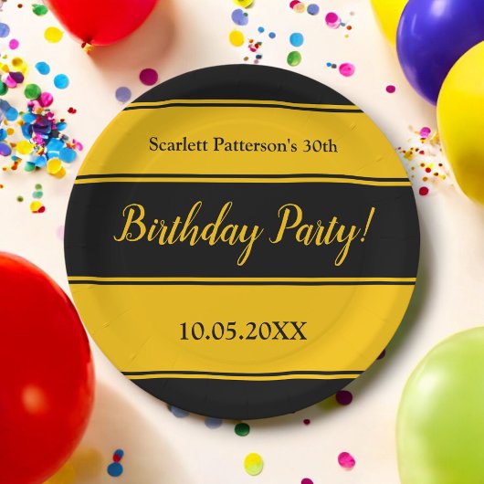 黒エレガントと金ゴールドストライプのモダン誕生日 ペーパープレート