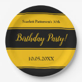 黒エレガントと金ゴールドストライプのモダン誕生日 ペーパープレート (正面)