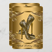 黒エレガントと金ゴールドヒョウの靴の誕生日パーティー 招待状 (正面/裏面)
