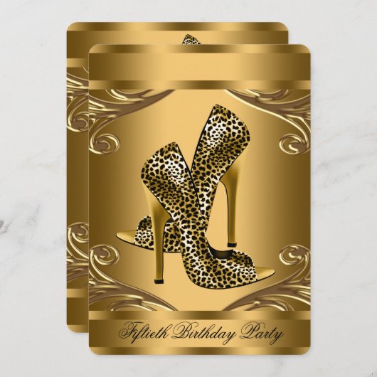 黒エレガントと金ゴールドヒョウの靴の誕生日パーティー 招待状 (正面/裏面)