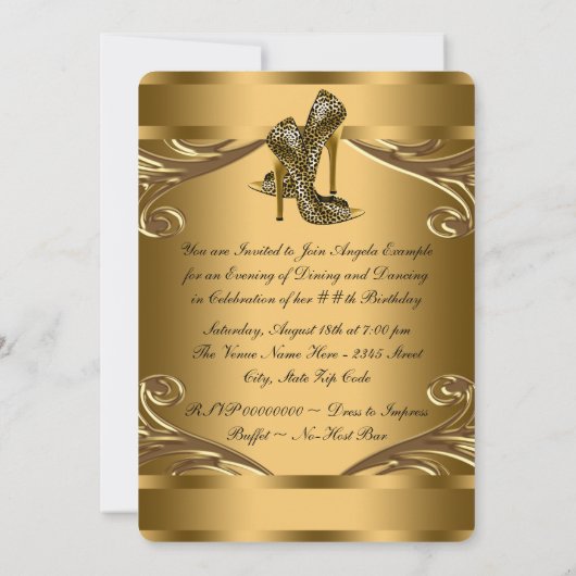 黒エレガントと金ゴールドヒョウの靴の誕生日パーティー 招待状 (裏面)