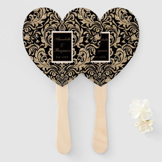 黒エレガントと金ゴールドフェイクの結婚グリッター ハンドファン (正面&裏面)